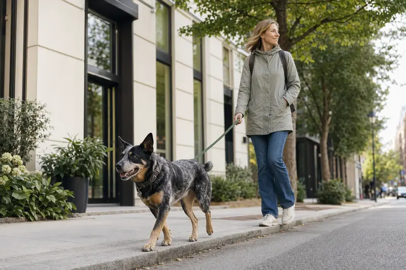 Ein Australian Stumpy Tail Cattle Dog läuft an der Leine mit seinem Besitzer durch eine saubere moderne Stadtstraße.
