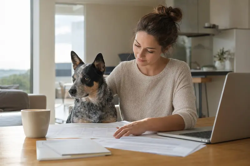 Ein Australian Stumpy Tail Cattle Dog sitzt ruhig neben seinem Besitzer am Küchentisch mit Versicherungsunterlagen und einem Laptop für den Vergleich von Tierkrankenversicherungen.