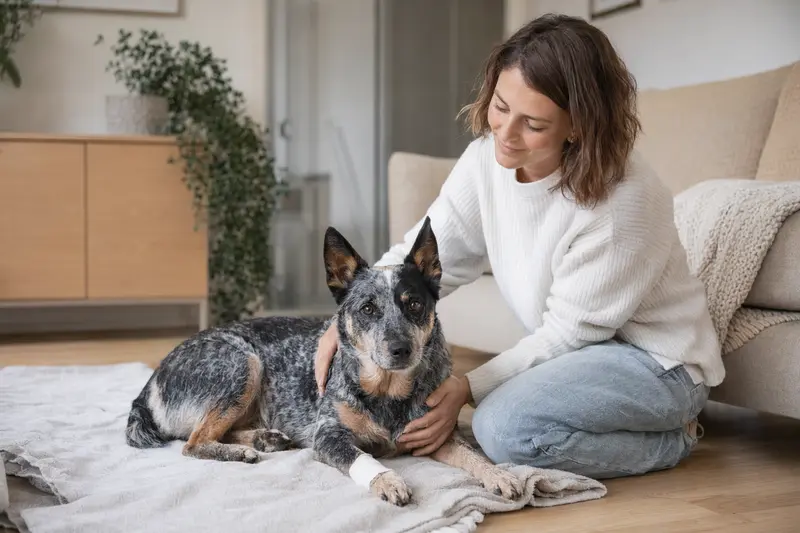 Ein Australian Stumpy Tail Cattle Dog mit leicht verbundenen Pfote liegt ruhig auf einer Decke, während sein Besitzer daneben sitzt und erleichtert wirkt.