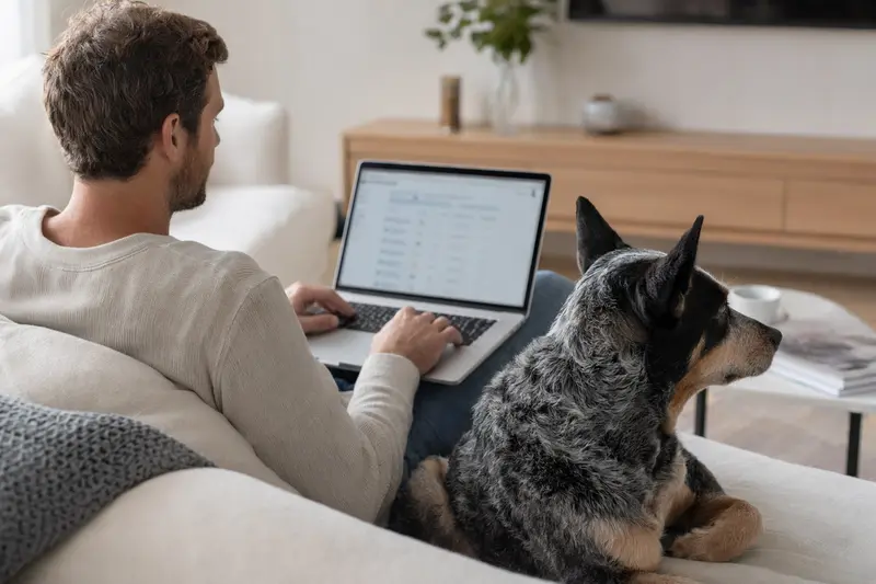 Ein Besitzer arbeitet am Laptop im Sofa, während sein Australian Stumpy Tail Cattle Dog neben ihm sitzt und Versicherungsinformationen vergleicht.