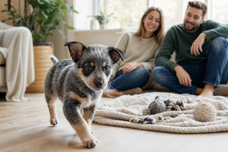 Ein neugieriger Australian Stumpy Tail Cattle Dog Welpe erkundet seine neue, freundliche Wohnung mit einer weichen Decke und Spielzeug.