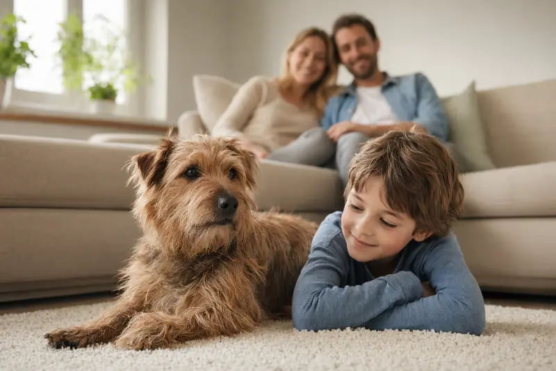Ein Australian Terrier entspannt neben einem Kind im Wohnzimmer, umgeben von einer warmen Familienatmosphäre.