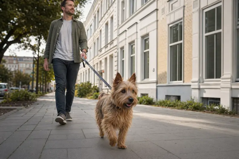 Ein Australian Terrier läuft fröhlich an der Leine eines freundlichen Besitzers durch eine moderne Stadtstraße.