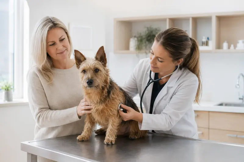 Ein ruhiger Australian Terrier wird von einer Tierärztin mit einem Stethoskop in einer modernen Praxis untersucht, während der Besitzer beruhigend neben ihm steht.