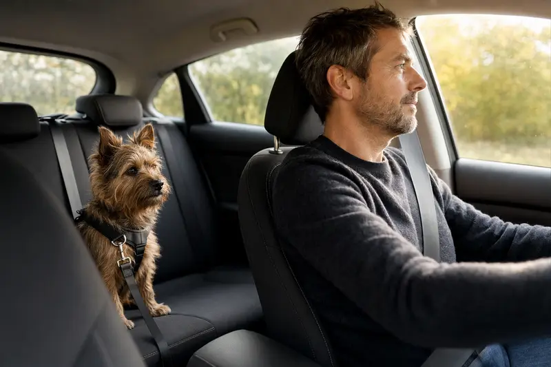 Ein Australian Terrier Hund sitzt sicher angeschnallt auf der Rückbank eines Autos und genießt die Fahrt.