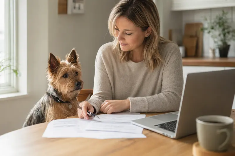 Ein Australian Terrier sitzt ruhig neben seinem Besitzer am Küchentisch, während Versicherungsunterlagen und ein Laptop auf dem Tisch liegen.