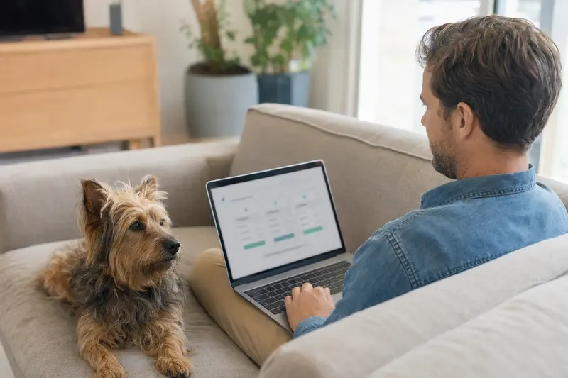 Ein Hundebesitzer sitzt mit einem Laptop auf dem Sofa und vergleicht Tierversicherungen neben seinem Australian Terrier.