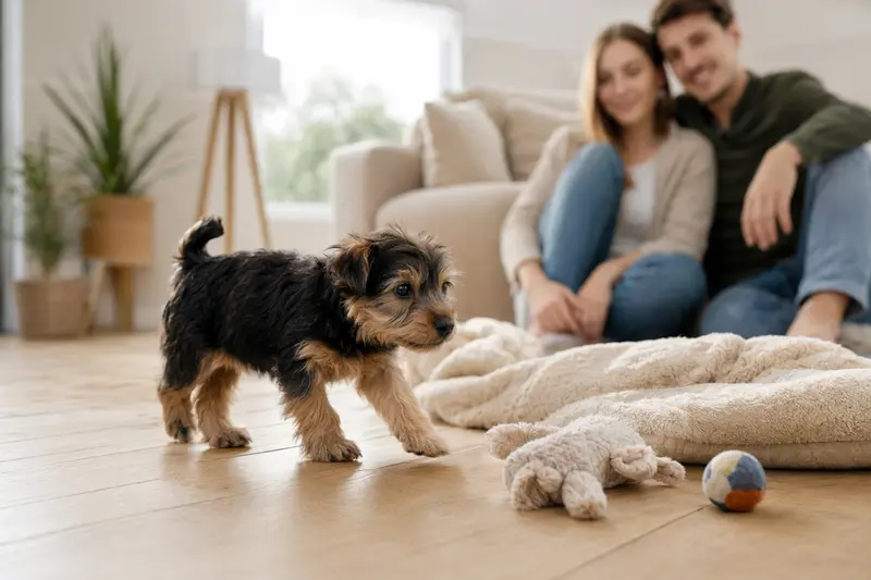Ein neugieriger Australian Terrier Welpe erkundet seine neue, helle Wohnung mit einer weichen Decke und Spielzeug.