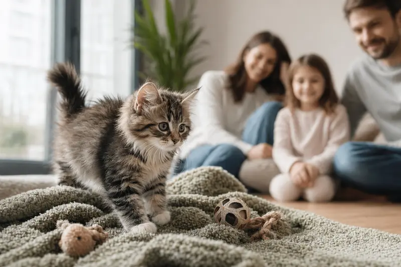 Ein neugieriges Australisches Schleierkatzen-Kitten entdeckt sein neues Zuhause mit einer weichen Decke und Spielzeug, während eine liebevolle Familie im Hintergrund zu sehen ist.