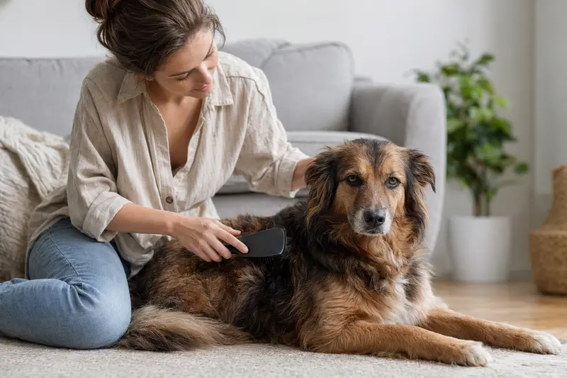 Ein Australischer Schäferhund wird in einer hellen Wohnung liebevoll gebürstet, was die sanfte Fellpflege und verantwortungsvolle Hundegesundheit zeigt.