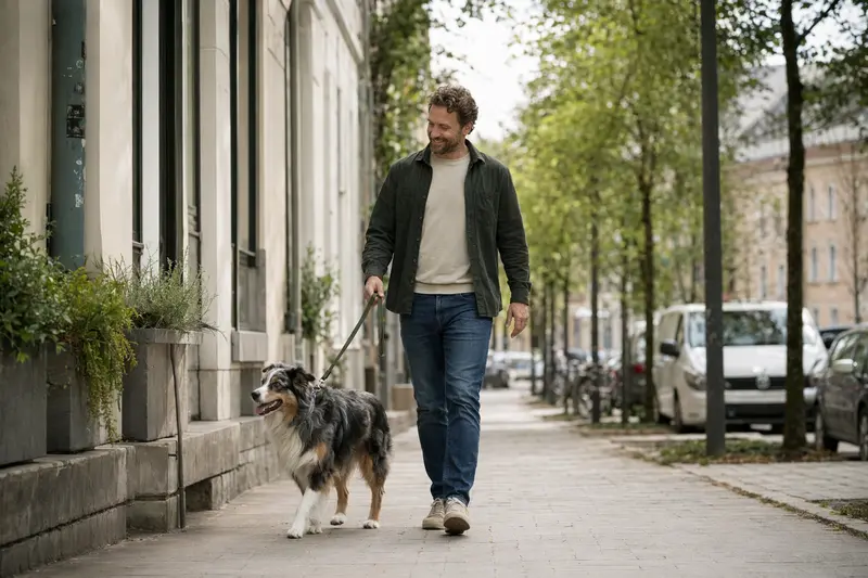 Ein Australischer Schäferhund läuft an der Leine mit seinem Besitzer durch eine freundliche Stadtstraße im Alltag.