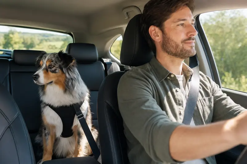 Ein Australischer Schäferhund sitzt sicher angeschnallt auf der Rückbank eines Autos, während sein Besitzer ruhig fährt.