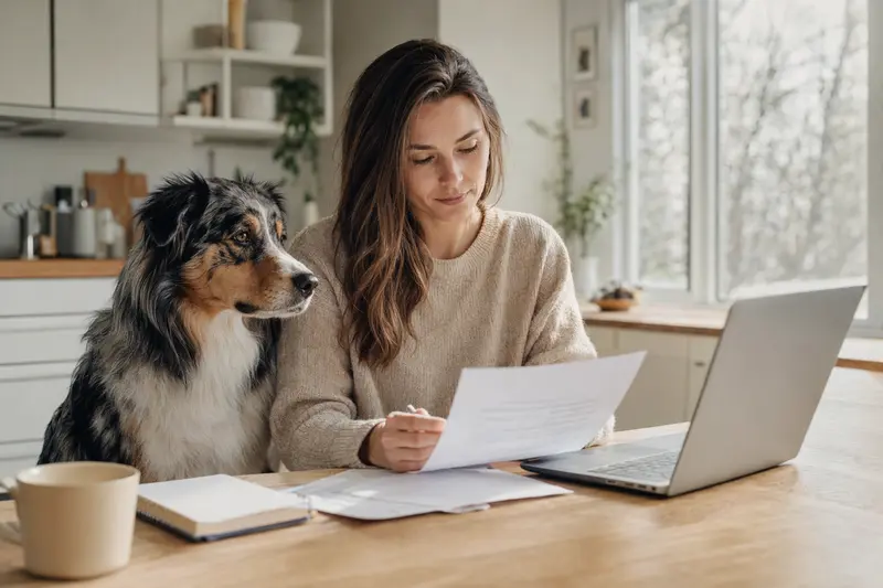 Ein Australischer Schäferhund sitzt ruhig neben seinem Besitzer am Küchentisch mit Versicherungsunterlagen und einem Laptop zur Hundekrankenversicherung.