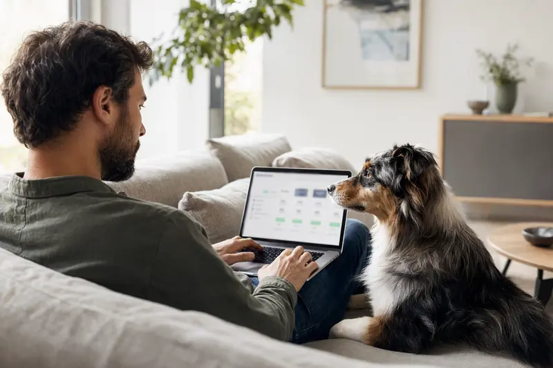 Ein Hundebesitzer sitzt mit einem Laptop auf dem Sofa, neben ihm ein Australischer Schäferhund, während er sich über Tierversicherungen informiert.