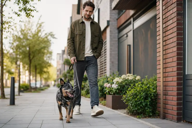 Ein Australischer Treibhund läuft entspannt an der Leine mit seinem Besitzer durch eine moderne Stadtstraße.