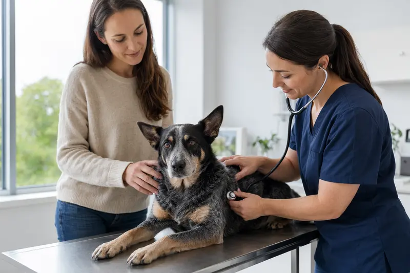 Ein ruhiger Australischer Treibhund wird von einer freundlichen Tierärztin auf einem Untersuchungstisch untersucht.