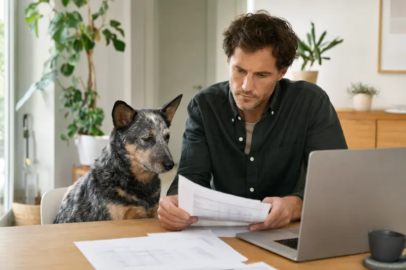 Ein ruhiger Australischer Treibhund sitzt neben seinem Besitzer, während auf dem Küchentisch Versicherungsunterlagen und ein Laptop liegen.