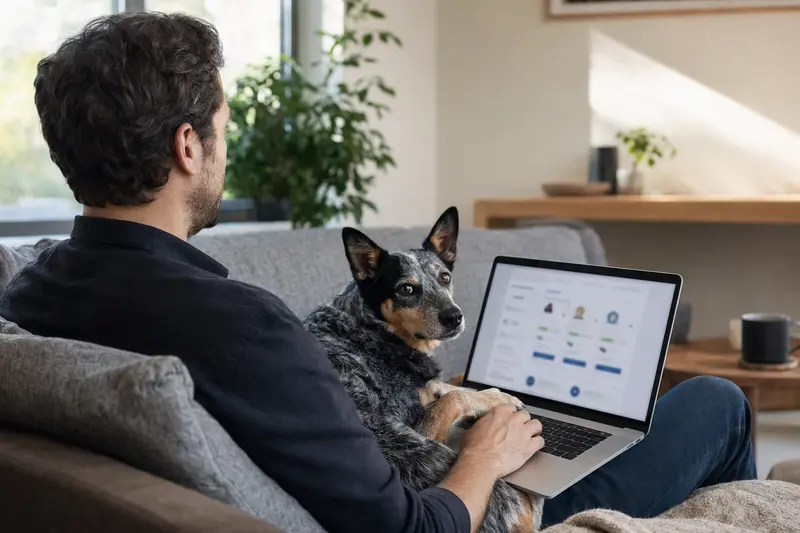 Ein Hundebesitzer sitzt entspannt mit einem Laptop auf dem Sofa, während ein Australischer Treibhund an seiner Seite liegt und eine neutrale Versicherungsvergleichsseite angezeigt wird.