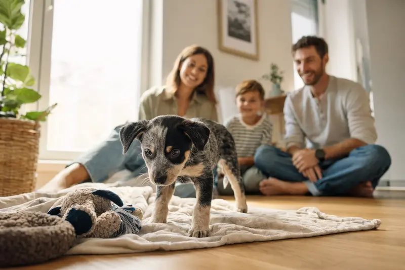 Ein neugieriger Australischer Treibhund Welpe erkundet seine weiche Decke und das Spielzeug in einem hellen Wohnraum mit einer liebevollen Familie im Hintergrund.