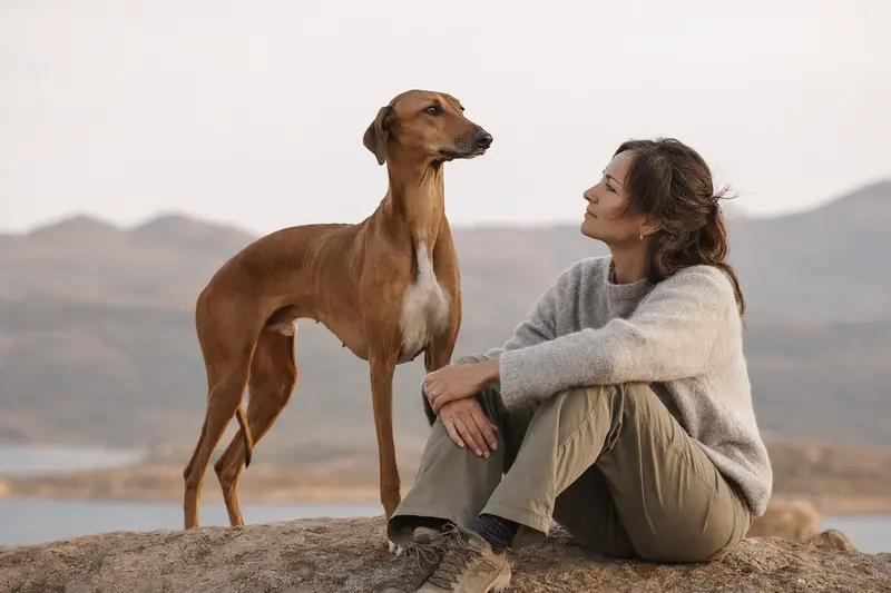 Ein Azawakh Hund steht aufmerksam vor einem neutralen Hintergrund und zeigt seine typischen Merkmale.