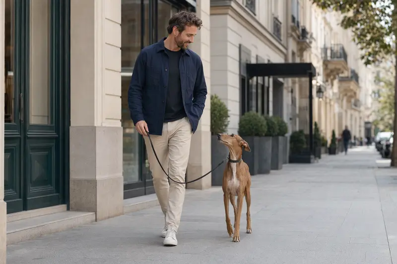 Ein Azawakh Hund läuft entspannt an der Leine mit seinem Besitzer durch eine moderne Stadtstraße bei natürlichem Licht.