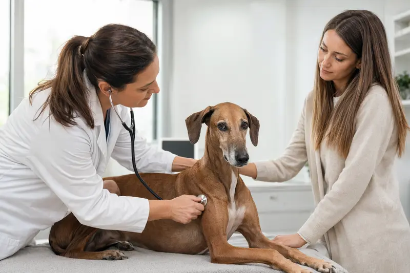 Ein ruhiger Azawakh Hund wird von einer freundlichen Tierärztin behutsam mit einem Stethoskop untersucht, während der Besitzer beruhigend danebensteht.