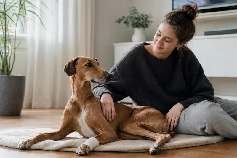 Ein Azawakh Hund mit Verband an der Pfote liegt entspannt auf einer Decke, während sein erleichterter Besitzer neben ihm sitzt.