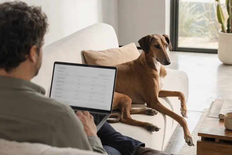 Besitzer sitzt mit Laptop auf dem Sofa, während ein Azawakh Hund neben ihm liegt und eine neutrale Versicherungsvergleichs-Oberfläche auf dem Bildschirm zu sehen ist.