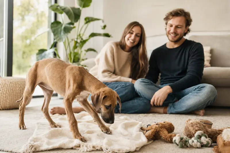 Ein neugieriger Azawakh Welpe erkundet sein neues Zuhause mit weicher Decke und Spielzeug.