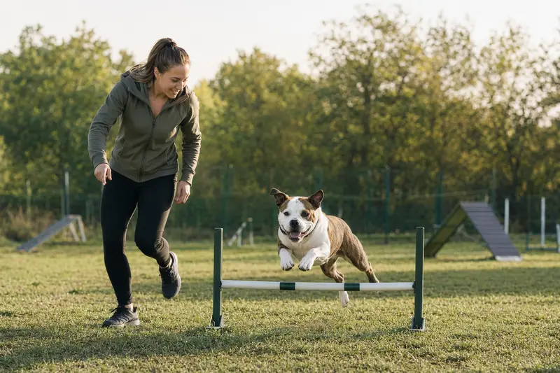 Azoren-Bulldogge beim Training mit ihrem Besitzer über eine kleine Hürde auf dem Hundeplatz.
