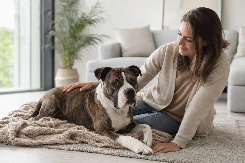 Ein Azoren-Bulldogge Hund mit Verband an der Pfote liegt friedlich auf einer Decke neben seinem Besitzer in einer hellen Wohnung.