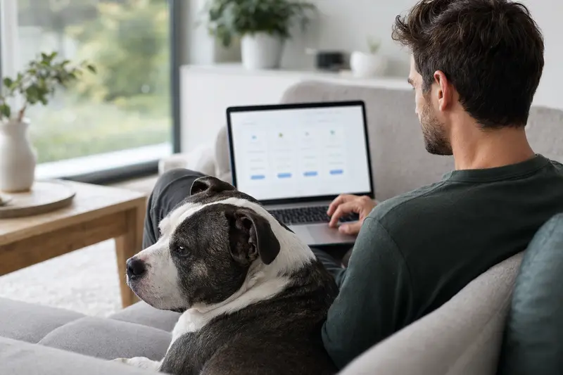 Besitzer mit Azoren-Bulldogge sitzt auf dem Sofa und vergleicht Tierversicherungen am Laptop.
