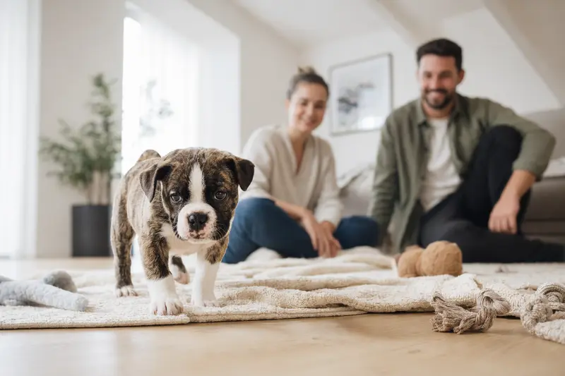 Ein neugieriger Azoren-Bulldogge Welpe entdeckt sein neues Zuhause mit weicher Decke und Spielzeug.