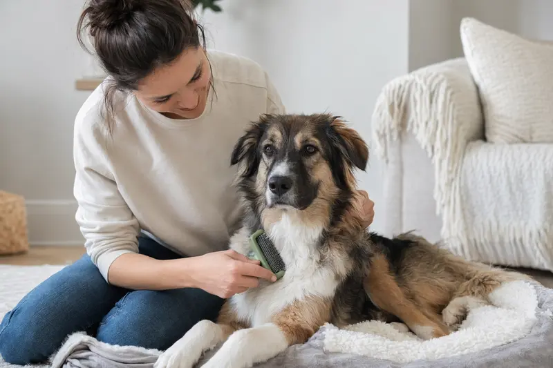 Ein Bakarwal Hund wird liebevoll von seinem Besitzer in einer hellen Wohnung gebürstet, was die Bedeutung der Fellpflege für die Gesundheit unterstreicht.