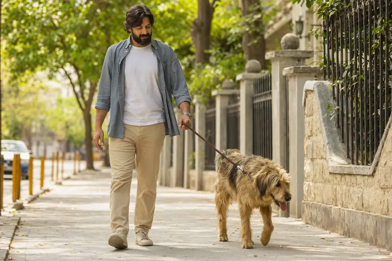 Ein Bakarwal Hund läuft entspannt an der Leine mit seinem Besitzer durch eine moderne Stadtstraße.
