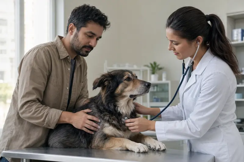 Ein ruhiger Bakarwal Hund auf einem Untersuchungstisch in einer modernen Tierarztpraxis wird behutsam von einer freundlichen Tierärztin mit einem Stethoskop untersucht.