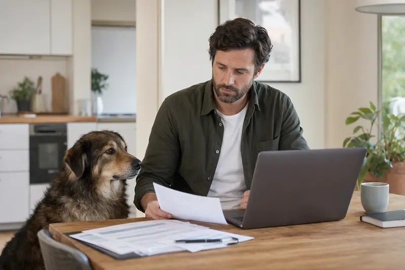 Ein Bakarwal Hund sitzt brav neben seinem Halter am Küchentisch, auf dem Versicherungsunterlagen und ein Laptop liegen.