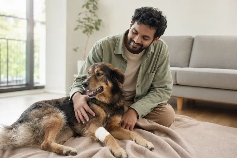 Der Bakarwal Hund mit leichtem Verband an der Pfote liegt entspannt auf einer Decke, während sein Besitzer neben ihm sitzt und erleichtert wirkt.