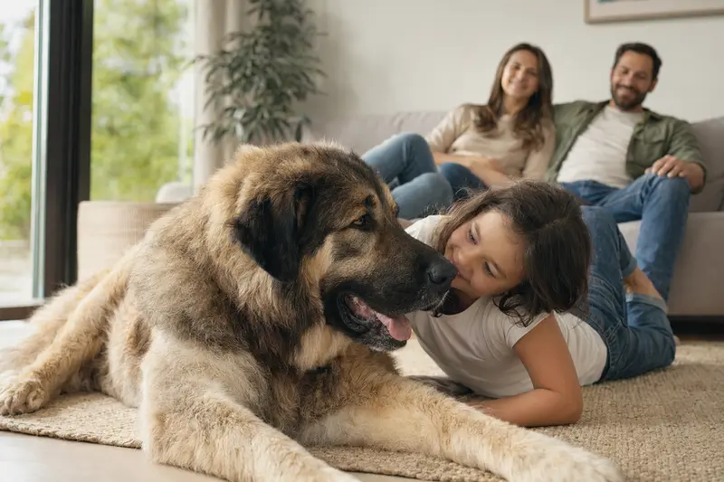 Ein Bakharwal Mastiff Hund liegt entspannt neben einem Kind im Wohnzimmer und vermittelt eine wohltuende Familienatmosphäre.