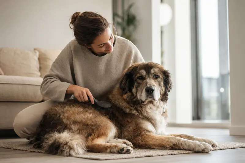 Ein Bakharwal Mastiff Hund wird liebevoll von seinem Besitzer in einer hellen Wohnung gebürstet.