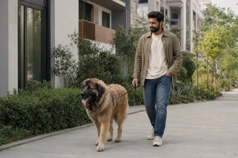 Ein Bakharwal Mastiff Hund läuft an der Leine mit seinem Besitzer durch eine moderne Stadtstraße.