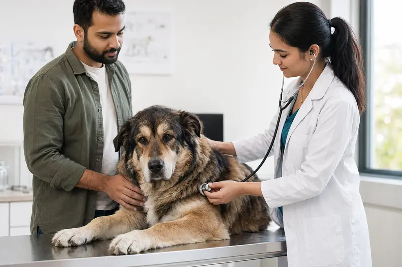 Ein Bakharwal Mastiff Hund wird vorsichtig von einer Tierärztin mit einem Stethoskop in einer modernen Tierarztpraxis untersucht, während sein Besitzer beruhigend daneben steht.