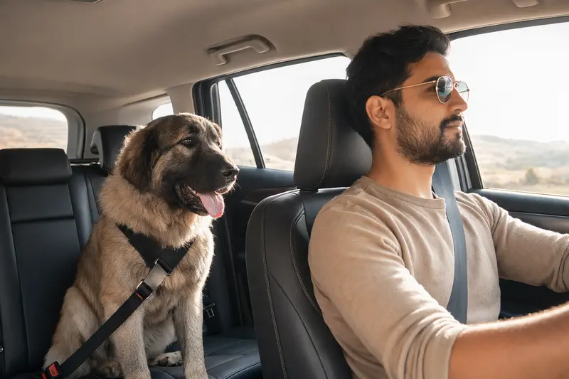 Ein Bakharwal Mastiff sitzt angeschnallt auf der Rückbank eines Autos, während der Besitzer fährt.