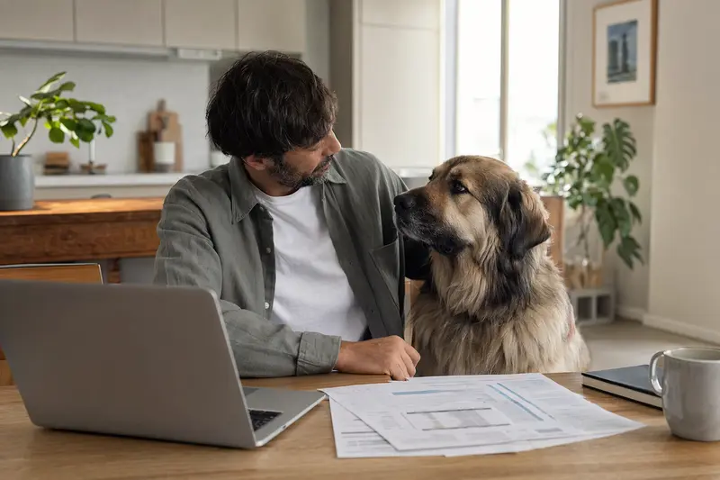 Ein Bakharwal Mastiff Hund sitzt ruhig neben seinem Besitzer am Küchentisch, auf dem Versicherungsunterlagen und ein Laptop liegen.