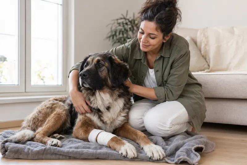 Ein Bakharwal Mastiff mit Verband an der Pfote liegt entspannt auf einer Decke, während sein Besitzer neben ihm sitzt.