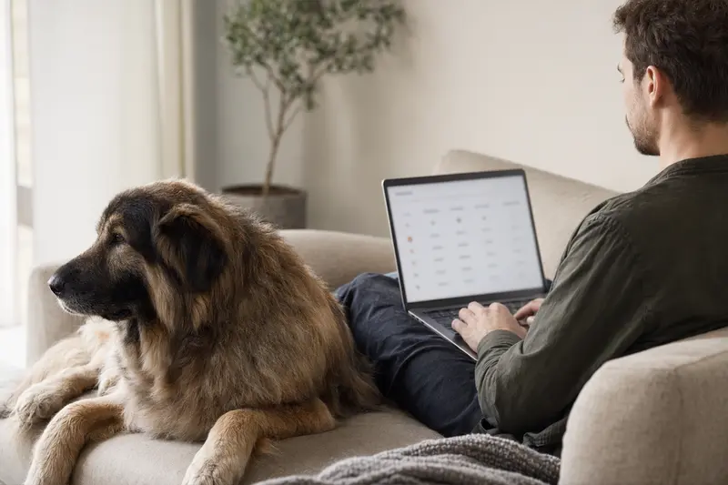 Besitzer sitzt mit Laptop auf dem Sofa neben seinem Bakharwal Mastiff Hund und vergleicht Versicherungsoptionen in einer hellen Wohnung.