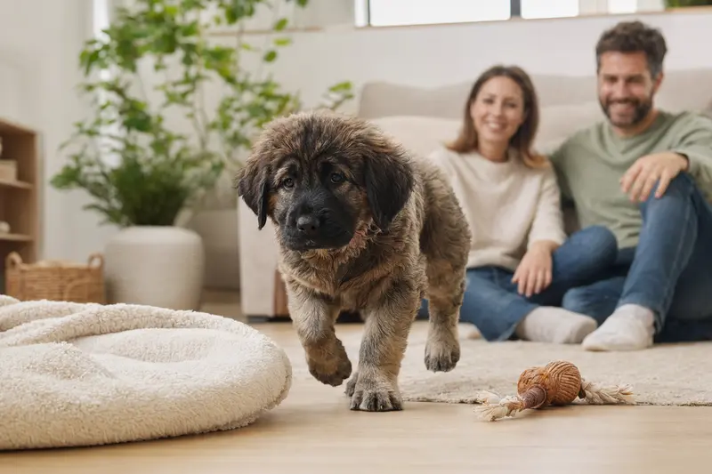 Ein neugieriger Bakharwal Mastiff Welpe erkundet sein neues Zuhause mit Spielzeug und einer weichen Decke, während eine liebevolle Familie im Hintergrund zu sehen ist.