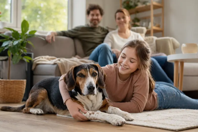 Ein freundlicher Balearen Laufhund entspannt neben einem Kind im Wohnzimmer.