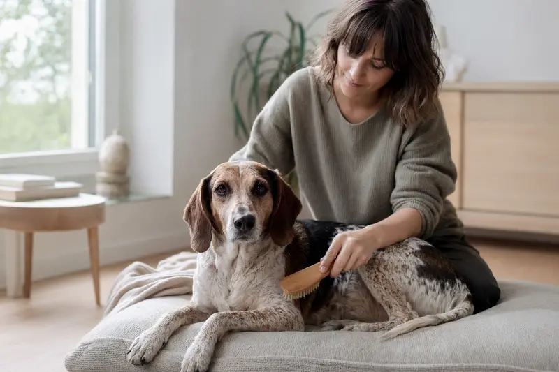 Ein Balearen Laufhund wird liebevoll von seinem Besitzer zu Hause gebürstet.