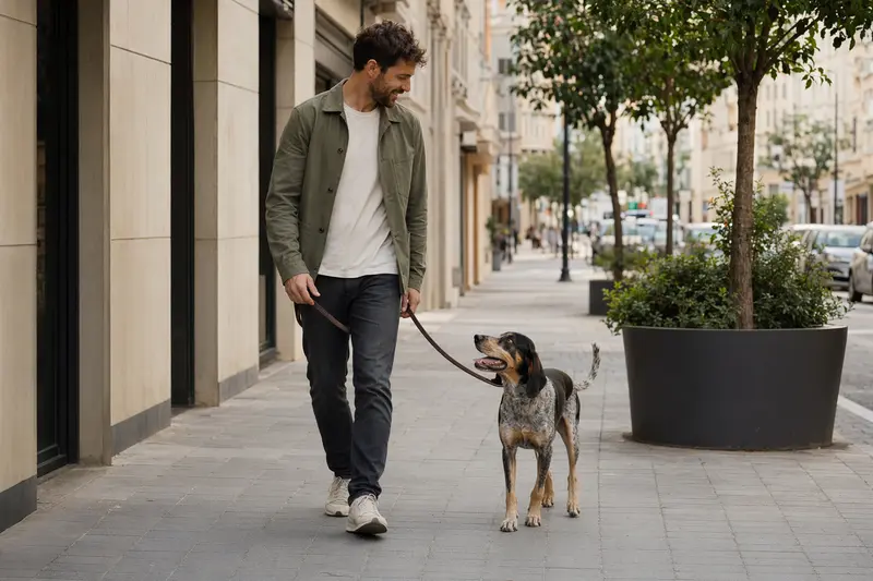 Ein Balearen Laufhund läuft entspannt an der Leine mit seinem Besitzer durch eine moderne Stadtstraße.